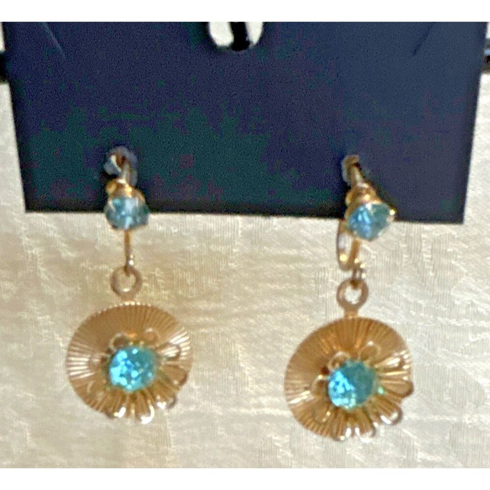 Vintage Gold Tone Round Disc Drop Earrings Teal Blue Rhinestone Screw Back